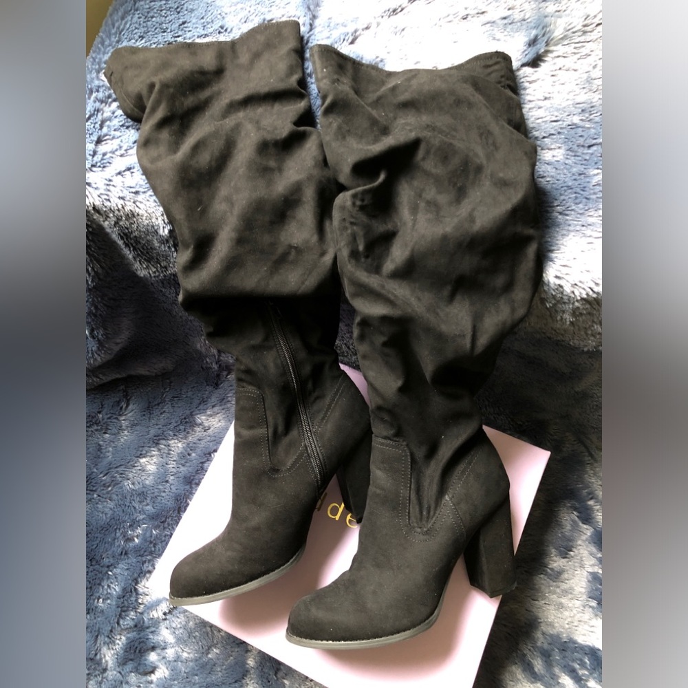 Madden Girl Knee-High Slouch Boots, Size 8.5, Worn Once, Black Fabric/Suede-like